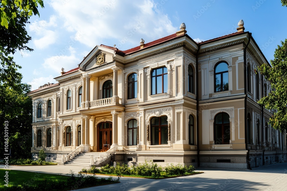 A grand, stately mansion with a symmetrical facade, featuring a large entrance, multiple windows, and a lush green lawn. A grand, stately mansion with a symmetrical facade, featuring a large entrance, multiple windows, and a lush green lawn.