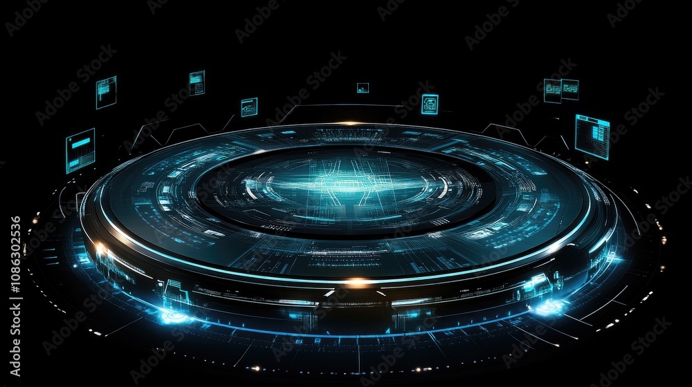 Futuristic Tech Interface Design: Circular Platform with Glowing Lines and Digital Elements Futuristic Tech Interface Design: Circular Platform with Glowing Lines and Digital Elements