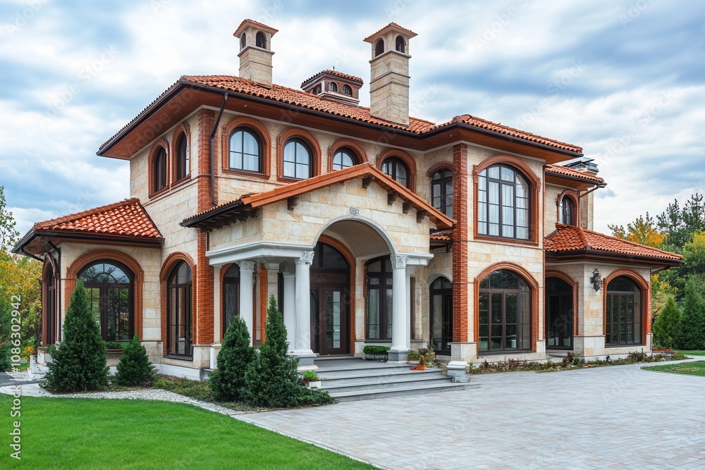 Fototapeta premium A large, luxurious home with a brick facade, multiple windows, and a tiled roof.