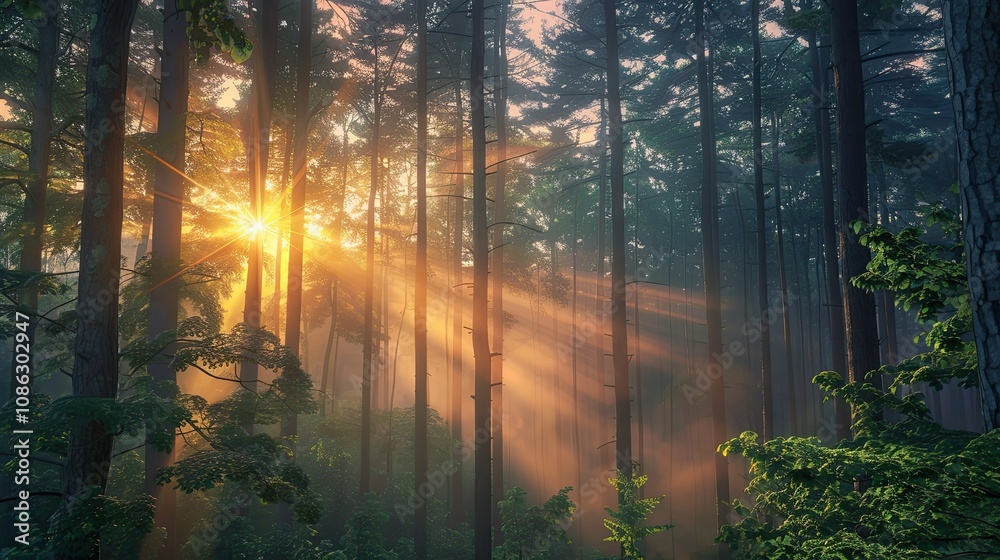 Radiant sunburst through dense, misty forest canopy at sunrise Radiant sunburst through dense, misty forest canopy at sunrise