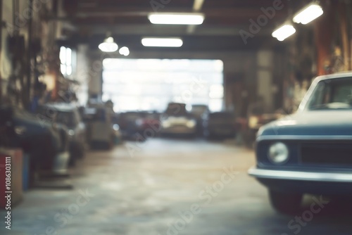 Blurred view of a vintage car inside a garage.