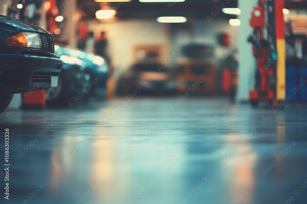 Blurred view of a car repair shop with cars and tools in the background. Blurred view of a car repair shop with cars and tools in the background.