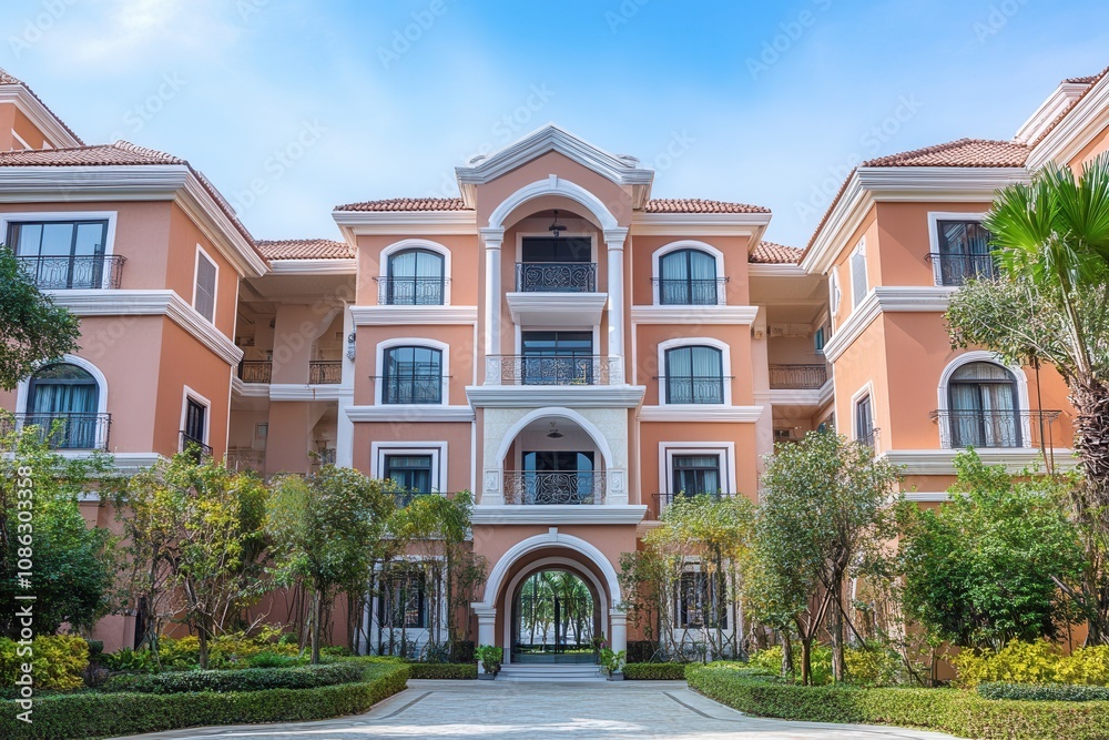 Fototapeta premium A large peach-colored building with arched entrances and a lush garden in front.