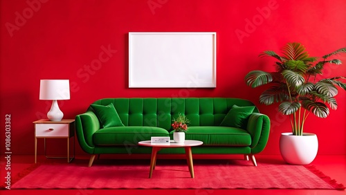 Modern living room interior with green sofa, red walls, and a plant.