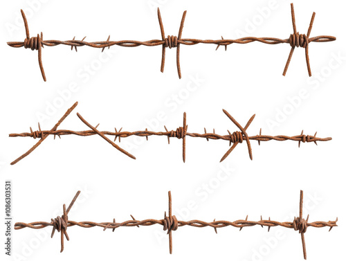 Barbed wire fence segment isolated on white transparent background photo