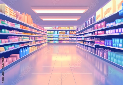 Empty aisle in a supermarket with shelves stocked with various products.