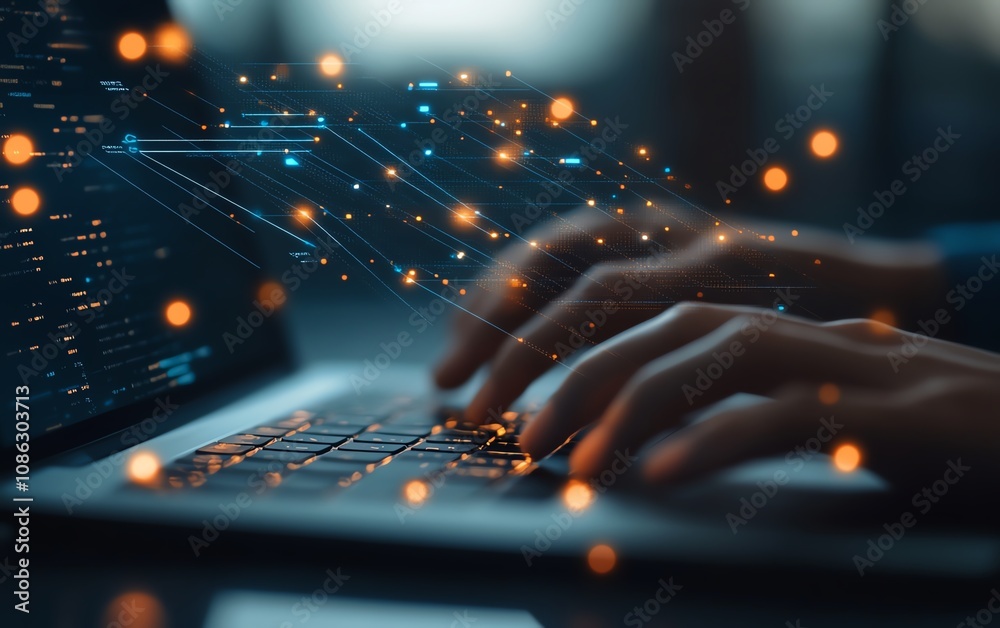 Closeup of hands typing on a laptop, digital icons floating above, representing online document management and data protection, generative AI technology