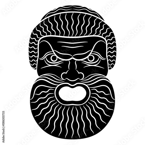 Antique theater mask of a bearded man with open mouth. Ancient Roman design. Black and white silhouette.