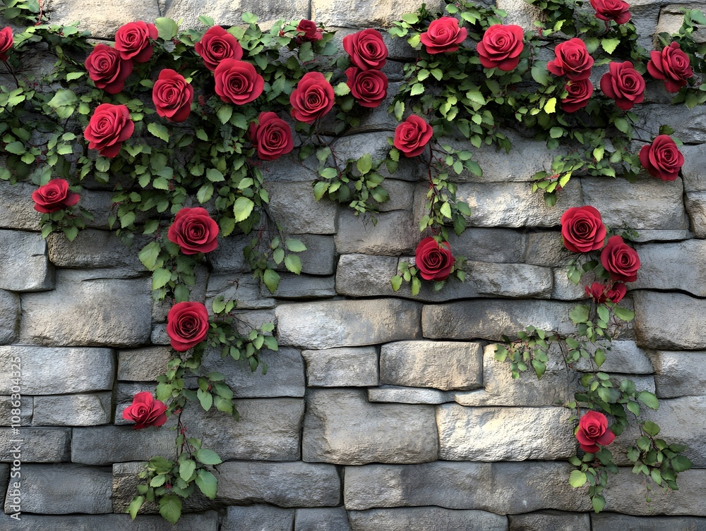 Red roses climbing a stone wall. Red roses climbing a stone wall.