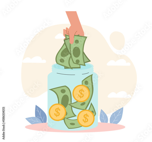 Jar with money. Hand with banknotes and golden coins. Financial literacy and passive income, family budget. Accounting and budgeting. Flat vector illustration isolated on white background