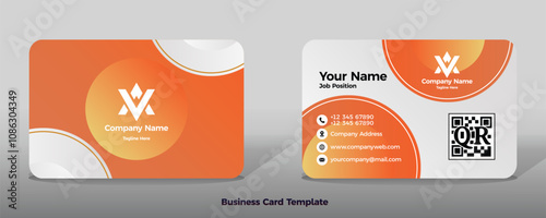 Business card name indutry with orange color background and with circle gradient color corner photo