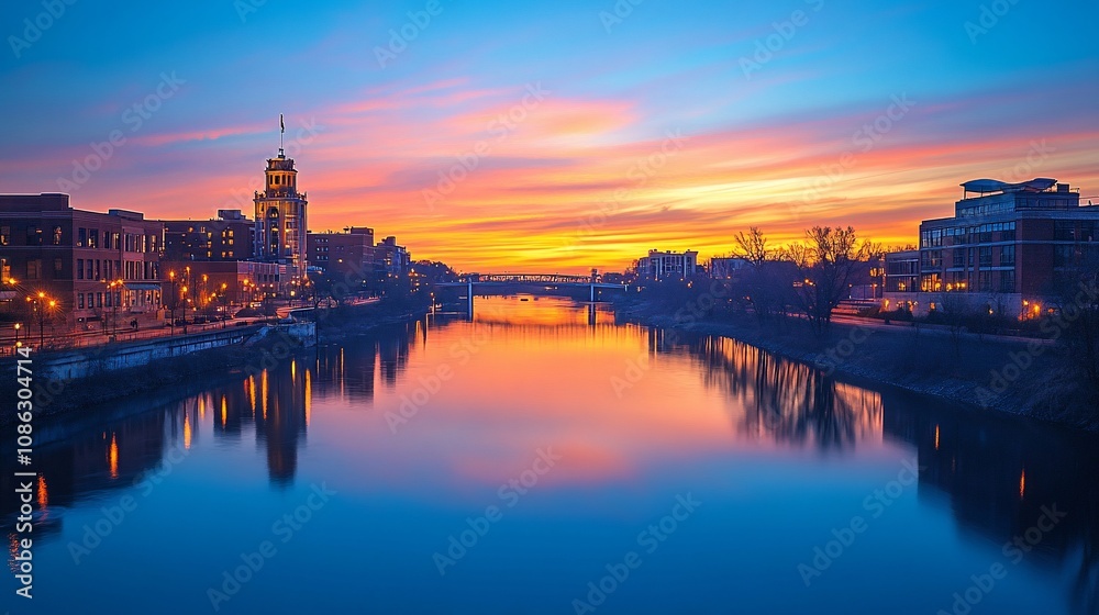 Obraz premium Calm river reflecting sunset cityscape.