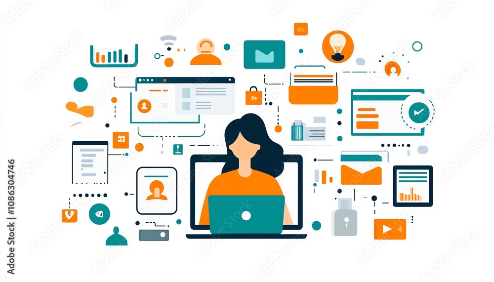 Laptop user accessing an online document management system, digital documents and icons floating on the screen, modern generative AIdriven workspace Laptop user accessing an online document management system, digital documents and icons floating on the screen, modern generative AIdriven workspace