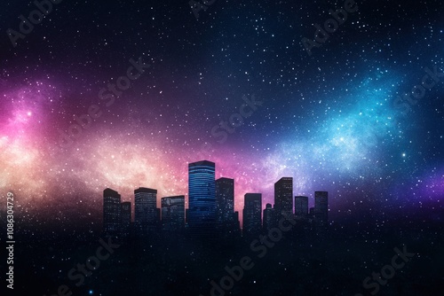 Cosmic skyline transformation urban city digital art night sky wide angle futuristic concept