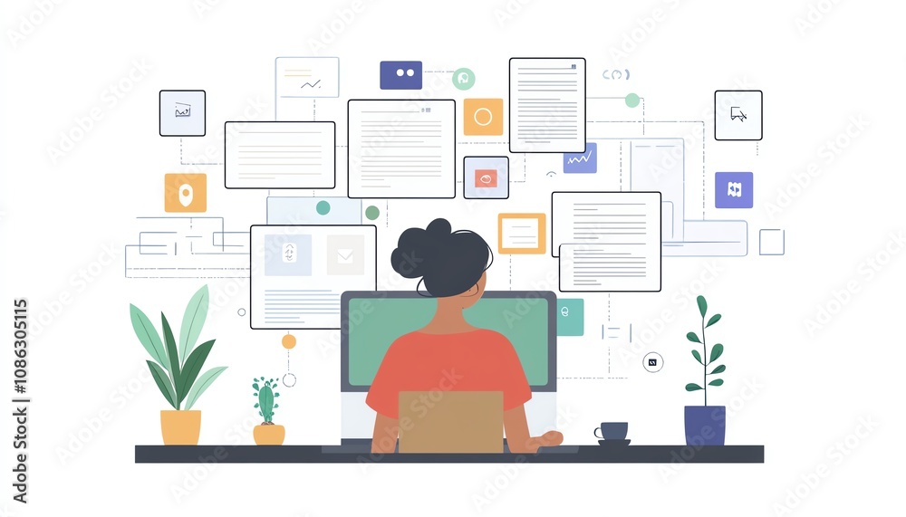 Person using laptop interface to organize digital documents with icons for text, images, and data, creative generative AIinspired workspace Person using laptop interface to organize digital documents with icons for text, images, and data, creative generative AIinspired workspace