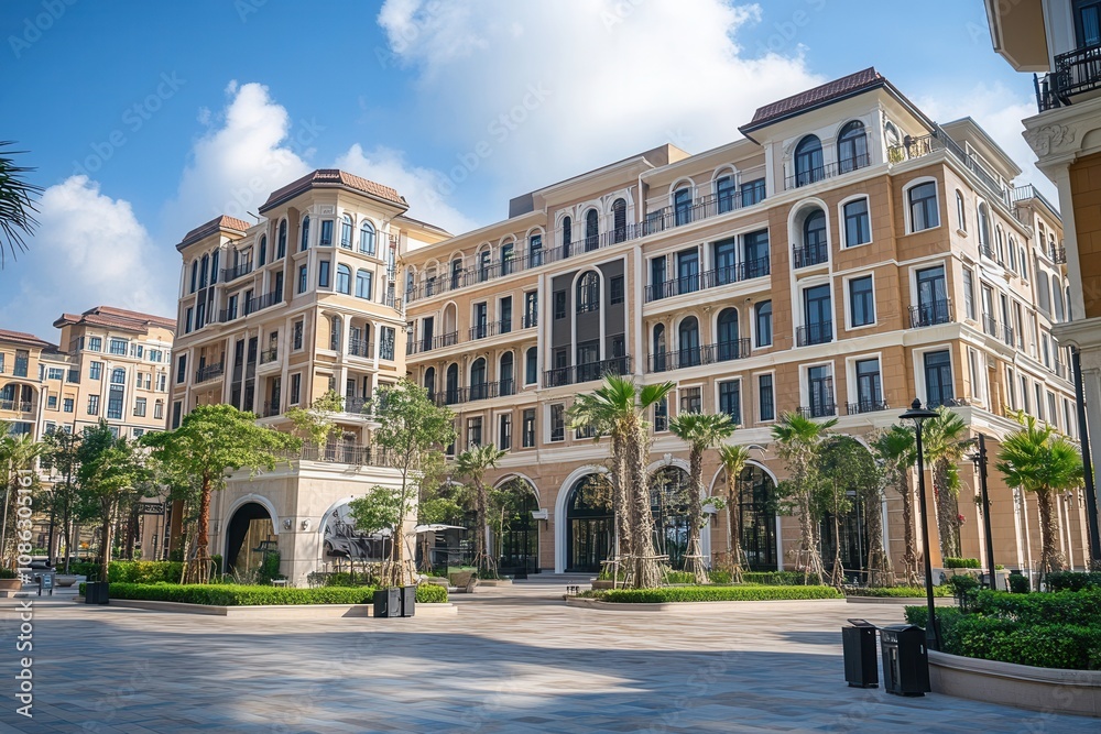 A modern and luxurious apartment building with a beautiful courtyard in a tropical city. A modern and luxurious apartment building with a beautiful courtyard in a tropical city.