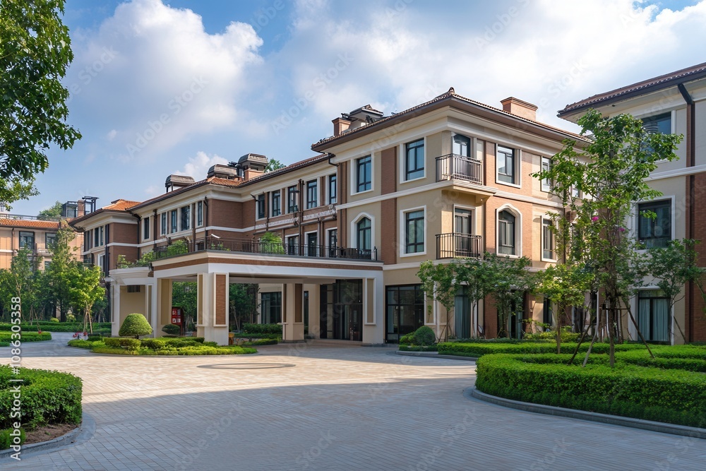 A modern building with a landscaped courtyard. A modern building with a landscaped courtyard.