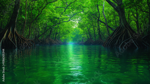 A beautiful mangrove forest with lush green foliage and towering roots, mirrored in the calm emerald waters, creating a tranquil and enchanting natural sanctuary.