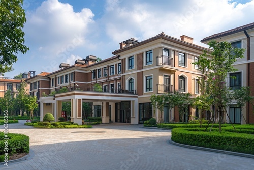 A modern building with a landscaped courtyard.