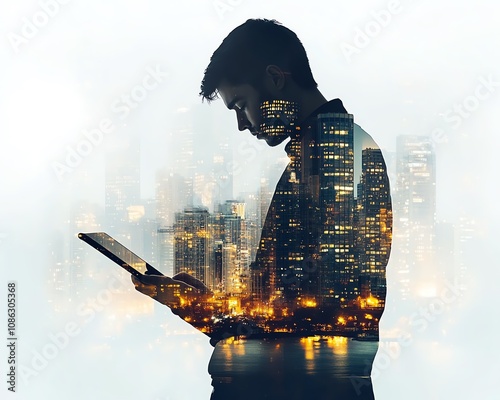 Professional man holding a tablet with city skyline inside his silhouette, double exposure effect, white background, generative AIinspired urban theme photo