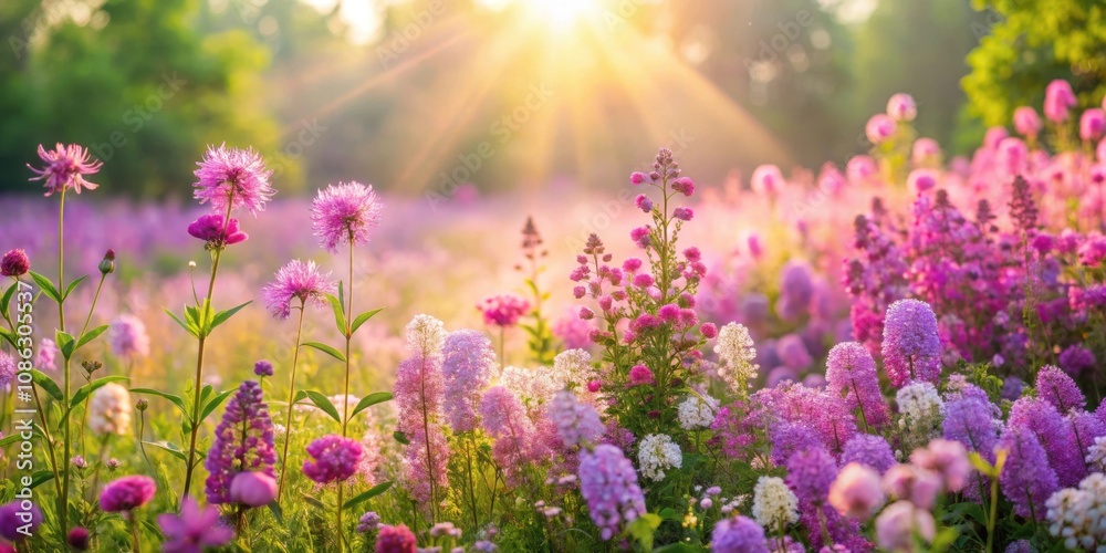 Summer flower meadow with pink wildflowers and lilac bushes under morning sunlight , Wildflowers, meadow, pink, lilac Summer flower meadow with pink wildflowers and lilac bushes under morning sunlight , Wildflowers, meadow, pink, lilac