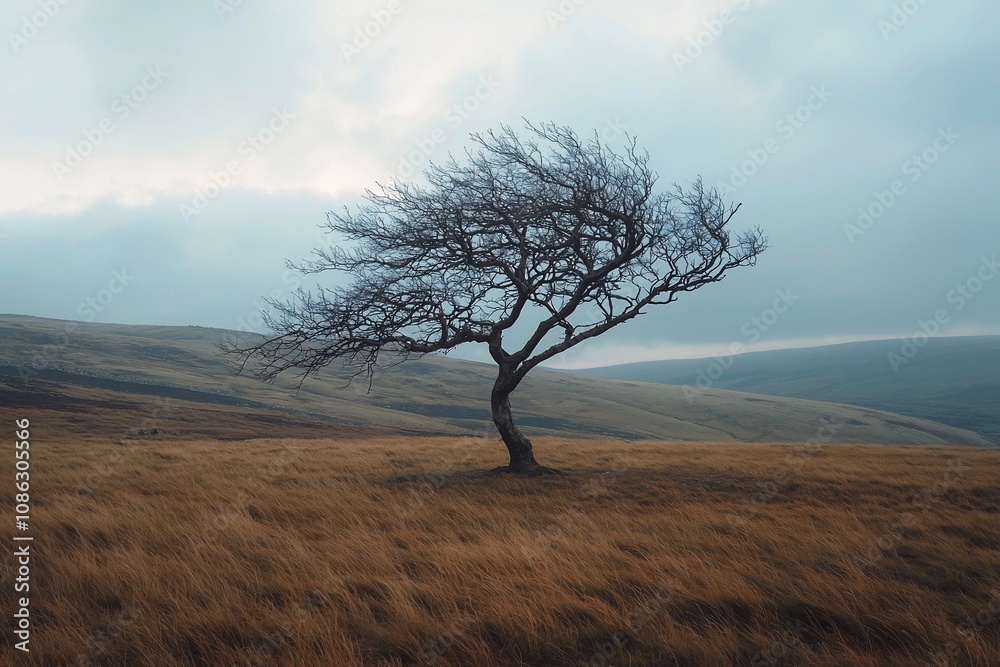 Lonely Tree in a Misty Landscape: Nature's Resilience Lonely Tree in a Misty Landscape: Nature's Resilience