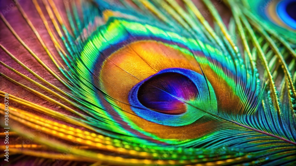 Obraz premium Closeup of vibrant peacock feather with selective focus, peacock, feather, closeup, colorful, texture, pattern, vibrant, exotic