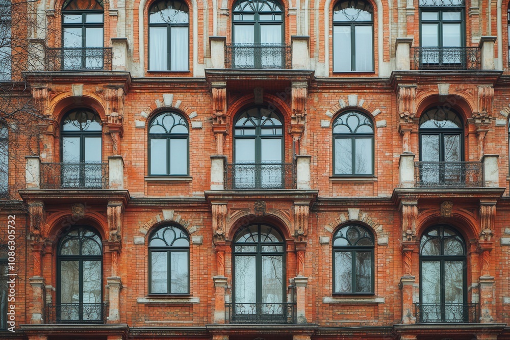 A red brick building with arched windows and balconies. (1)