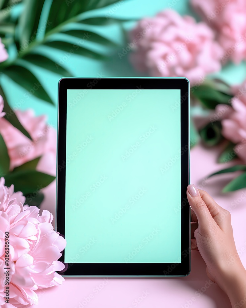 A tablet surrounded by pink flowers against a soft pastel background. A tablet surrounded by pink flowers against a soft pastel background.
