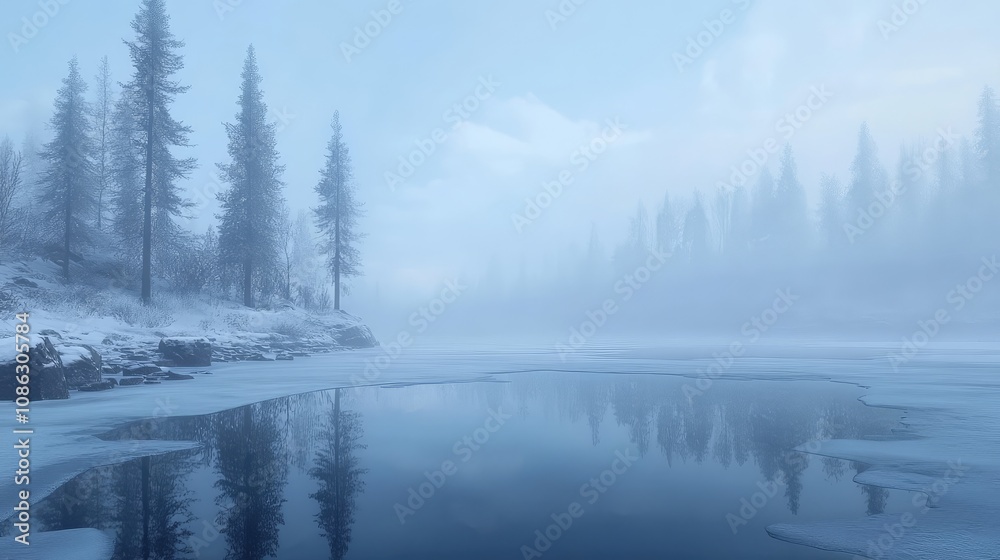 Foggy morning over a frozen lake, with subtle reflections of snowy trees and an eerie, quiet atmosphere Foggy morning over a frozen lake, with subtle reflections of snowy trees and an eerie, quiet atmosphere