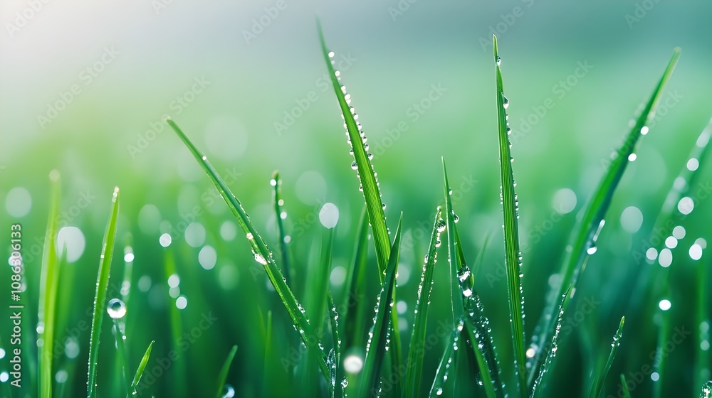 Obraz premium Dew Drops on Green Grass Blades