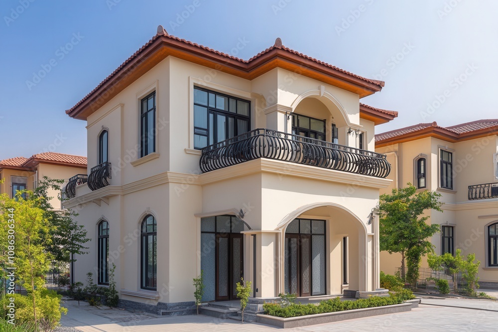 A two-story house with a balcony and a driveway. A two-story house with a balcony and a driveway.
