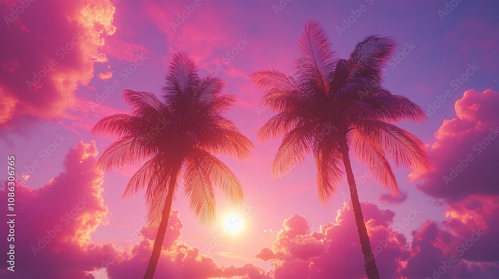 Vibrant sunset with two palm trees silhouetted against a pink and orange sky. Vibrant sunset with two palm trees silhouetted against a pink and orange sky.