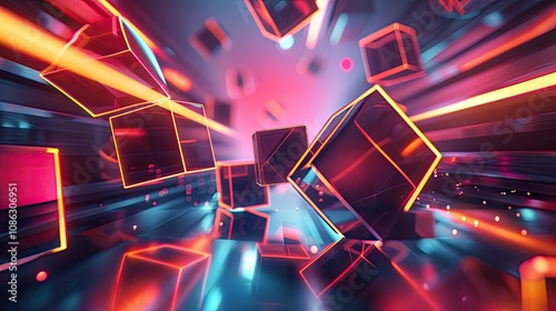 3D geometric shapes with glowing edges floating in space photo