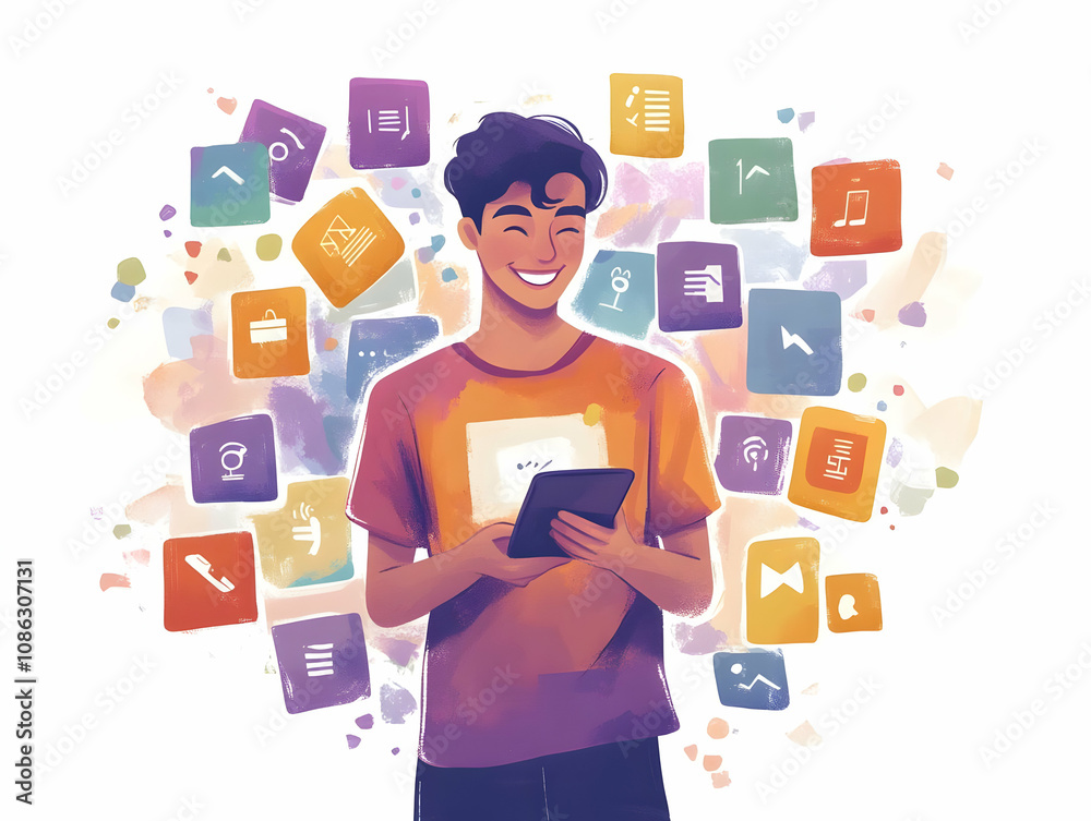Illustration - Young Man Using Mobile Apps Illustration - Young Man Using Mobile Apps