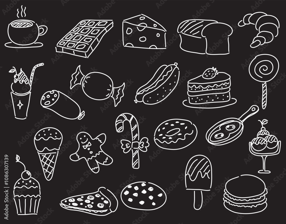 flour sweets and fast food drawn with white pen on black background set flour sweets and fast food drawn with white pen on black background set