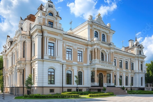 An impressive neoclassical mansion with ornate details and a grand entrance.