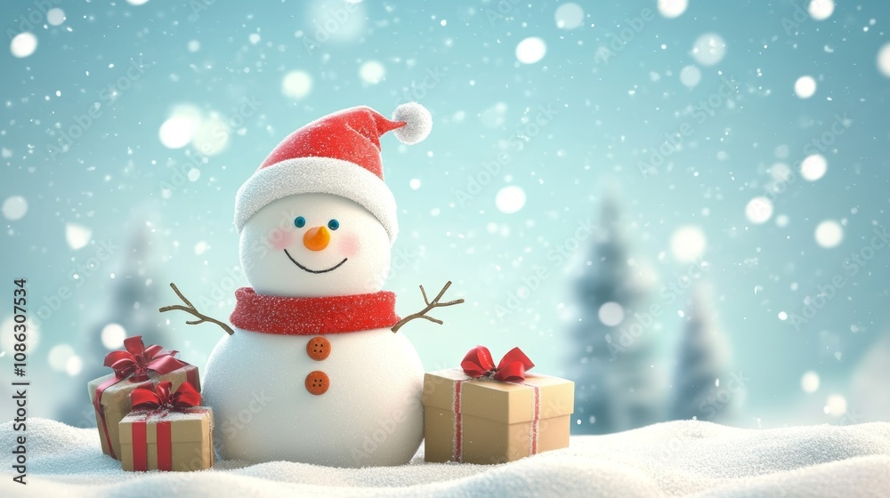 A cheerful snowman adorned with a vibrant red hat and scarf, surrounded by colorful presents, radiating festive joy in a winter wonderland. A cheerful snowman adorned with a vibrant red hat and scarf, surrounded by colorful presents, radiating festive joy in a winter wonderland.