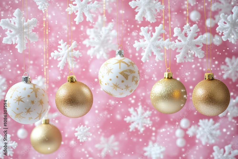 Fototapeta premium Five vibrant Christmas ornaments dangle gracefully from a string, creating a festive display against a soft pink backdrop that exudes holiday cheer.