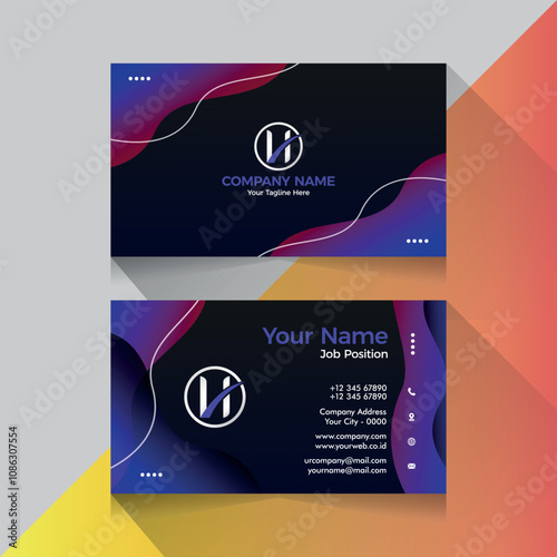 Business card black background with pink purple shape and line template design