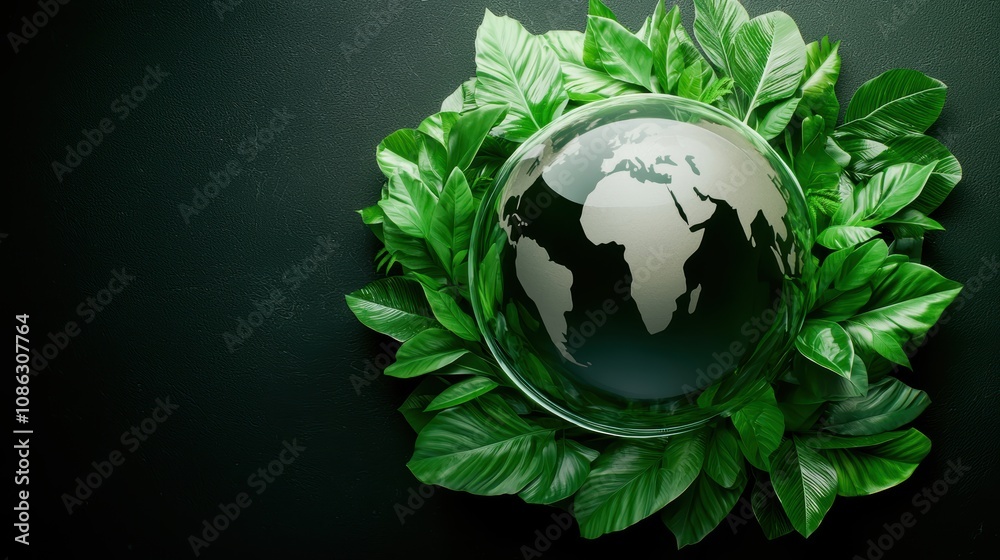 A globe surrounded by lush green leaves, symbolizing environmental awareness and sustainability. A globe surrounded by lush green leaves, symbolizing environmental awareness and sustainability.