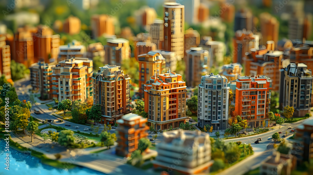 Fototapeta premium Illustration Miniature Cityscape with Buildings, Roads, and Trees