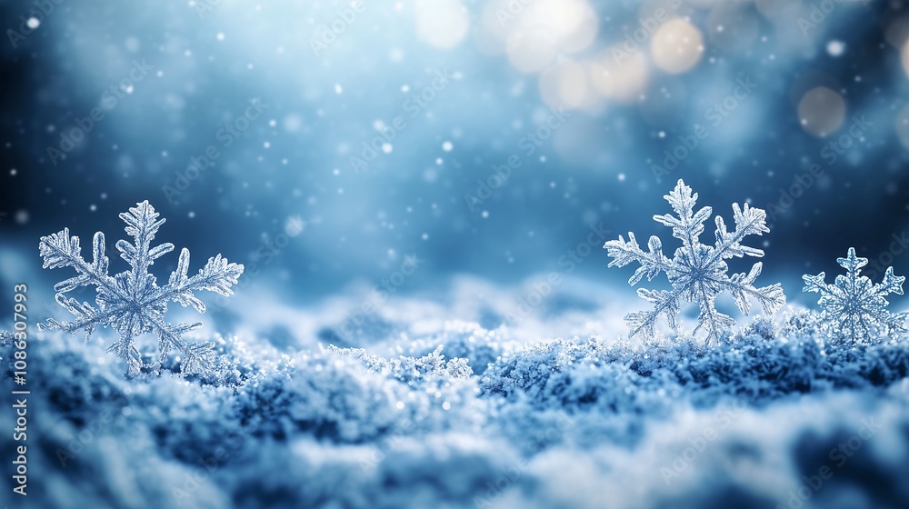 Beautiful winter background with delicate snowflakes gently falling on a snowy landscape Beautiful winter background with delicate snowflakes gently falling on a snowy landscape