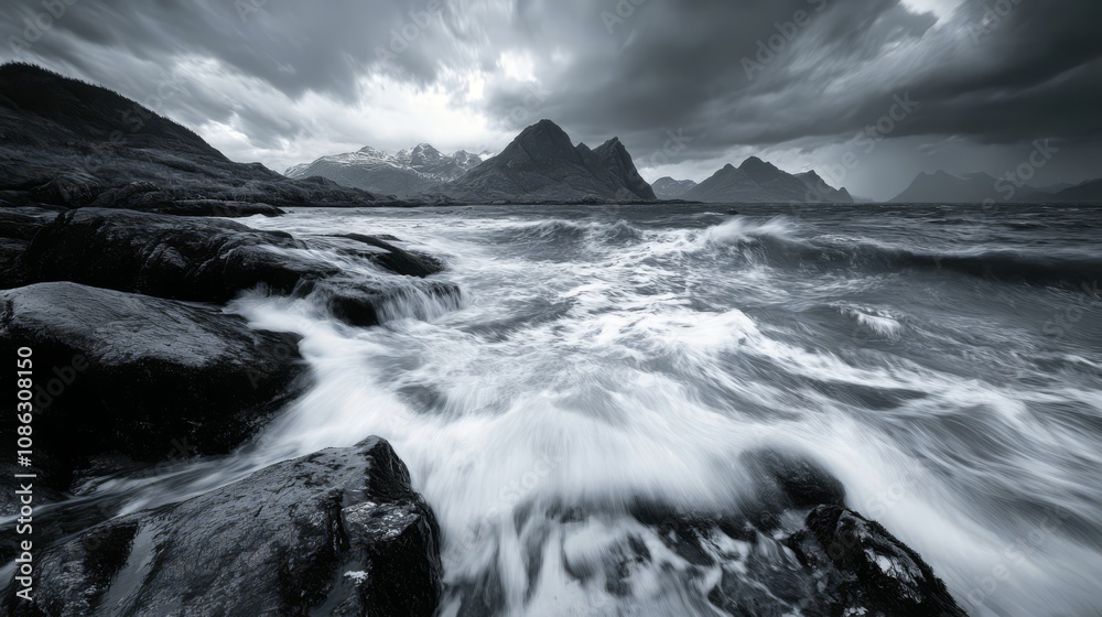 Dramatic black and white image of waves crashing on rocks with mountains in the background. Dramatic black and white image of waves crashing on rocks with mountains in the background.