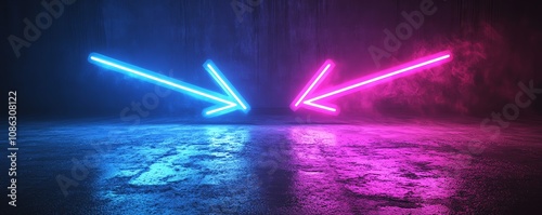 Two neon arrows, one with blue light and the other with purple light, pointing in opposite directions, dark background, generative AI visual concept photo