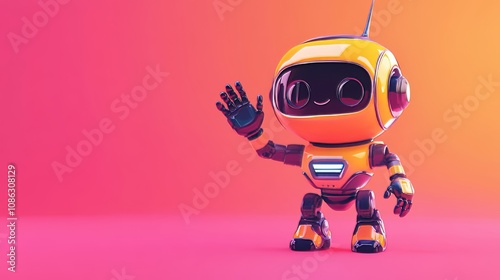 A charming 3D robot character with a friendly demeanor, waving enthusiastically to the camera in a vibrant and engaging illustration, showcasing a playful and futuristic design.