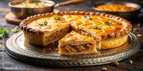 Close-up of Bibik, a traditional Goan pie called bebinka, on an iron platter photo