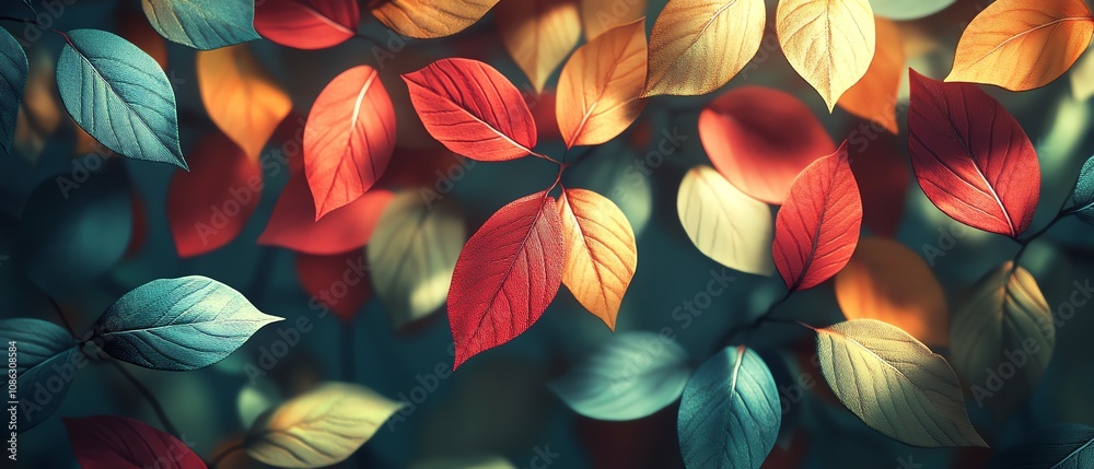 Vibrant autumn leaves in red, yellow, and green with gentle shadows in the background, closeup, generative AI fall aesthetic Vibrant autumn leaves in red, yellow, and green with gentle shadows in the background, closeup, generative AI fall aesthetic