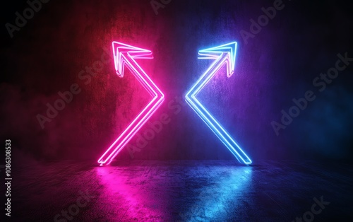 Two vibrant neon arrows, one blue and one purple, glowing against a dark background with a black gradient, generative AI neon design photo