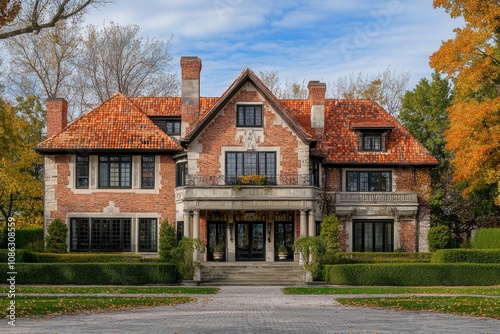 Brick mansion with a large front porch and a driveway.